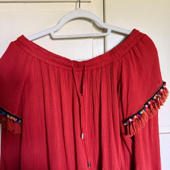 Selfie Leslie Red Romper‎ Off Shoulder Tassels Size Small Boho - Picture 3 of 13